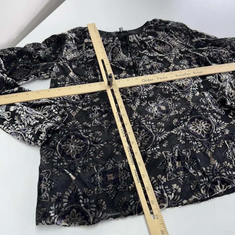 NYDJ Blouse Women‎ XS Black Velvet Burnout Medallion Boho Sheer Long Sleeve